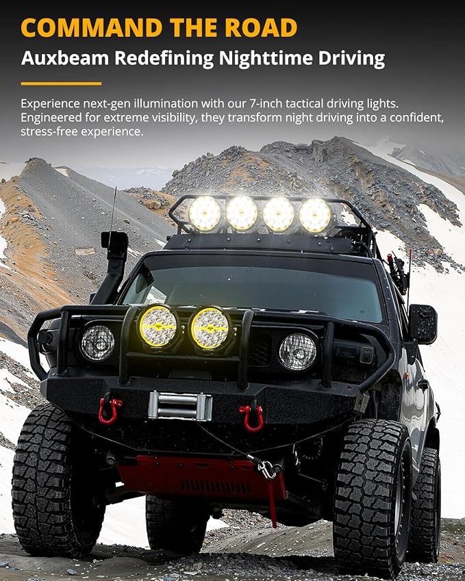 Auxbeam RAY-L Series 7 Inch Round LED Offroad Driving Light Bar with White/Amber DRL 240W Spot Beam Spotlights Offroad Lighting for 4x4 Jeep UTV ATV, Pair