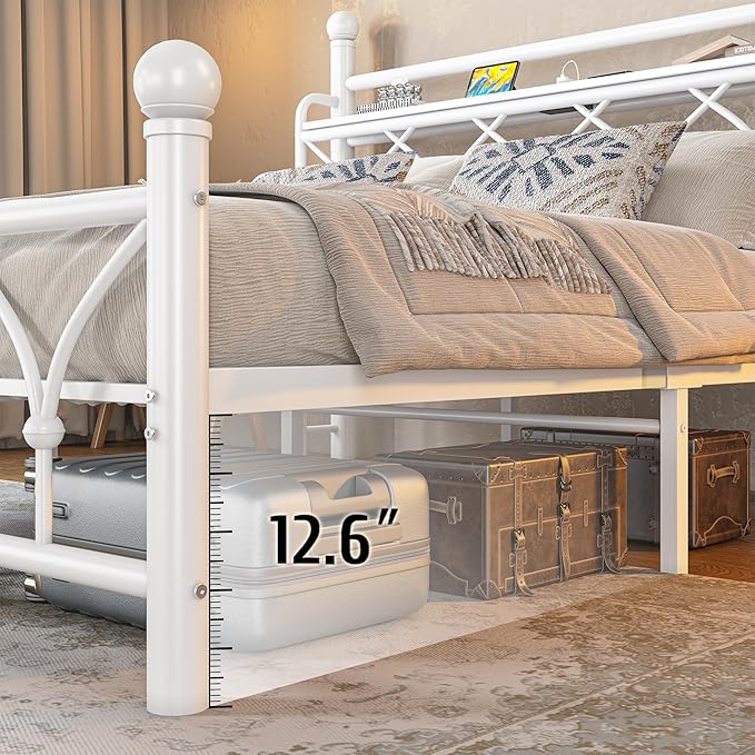 EnHomee Full Bed Frame with Headboard, Metal Full Size Bed Frame with Storage, LED Lights,Power Outlets, Sturdy & Easy Assembly, Noise-Free, No Box Spring Needed,White