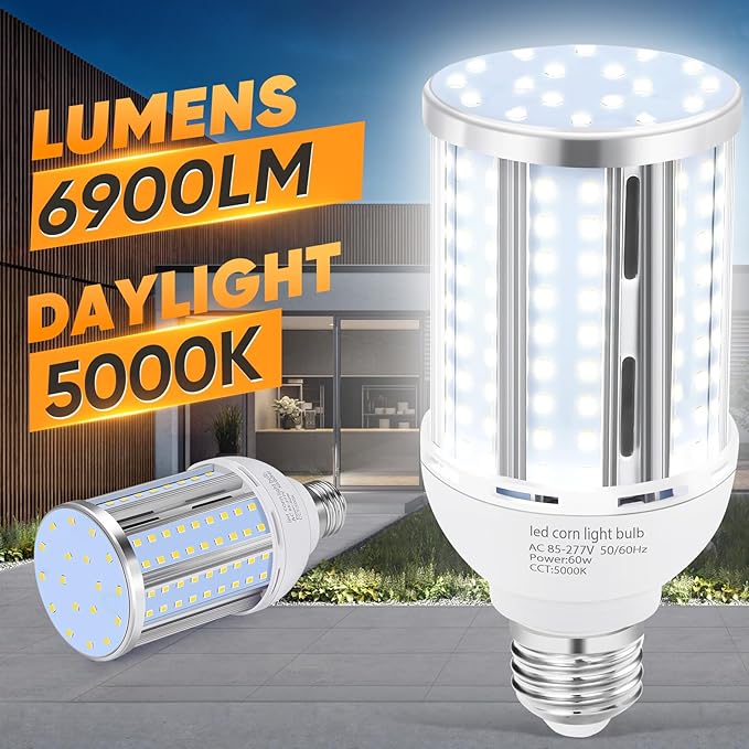 60W LED Corn Light Bulb(2 Pack),(600 Watt Equivalent) Fanless E26/E39 Medium/Large Mogul Base LED Cob Lamp 5000K Daylight 6,900LM for Outdoor Indoor Garage Warehouse Factory Workshop Street Backyard