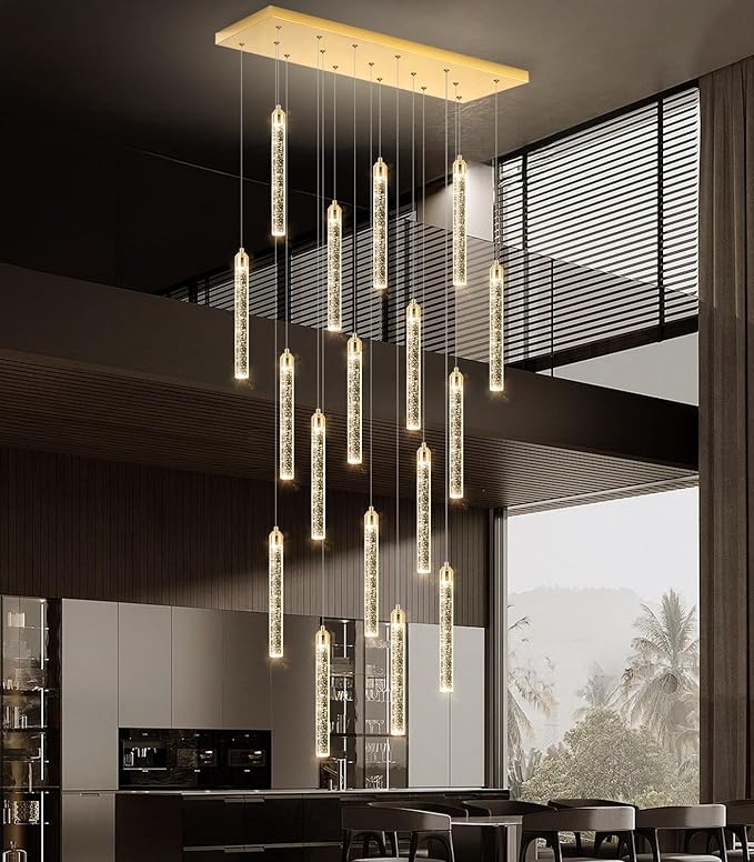 Rectangular Chandeliers 17-Lights Long Light for Entryway LED Dimmable Chandeliers Lighting Fixture Flat Sloped High Ceiling Pendant Lights Crystal for Living Room Foyer Hallway Staircase Gold