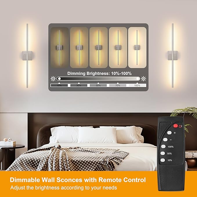 Battery Operated Wall Sconces Set of 2, Dimmable Battery Wall Sconce with Remote Control, Sand-Nickel LED Rechargeable Sconces, 24 Inch Modern Wireless Wall Lights for Bedroom, Living Room