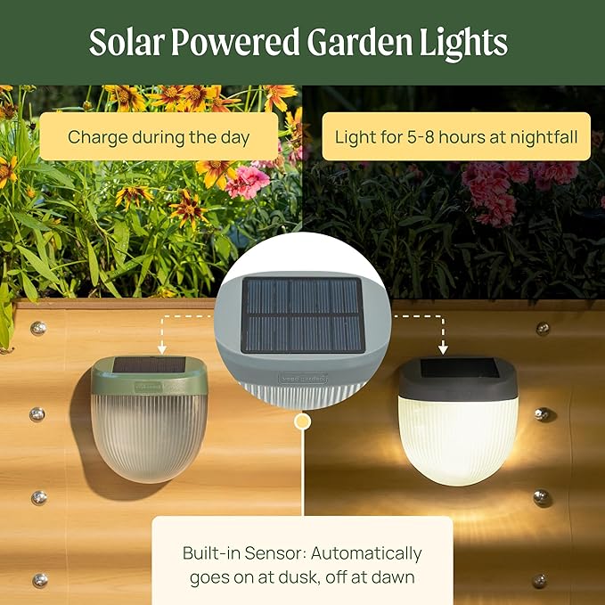 Vego garden Rippled Solar Garden Lights with Auto Sensors Magnetize Securely to Raised Beds, IPX4 Waterproof Outdoor LED Light for Patio & Yard Olive Green, 2 Pack