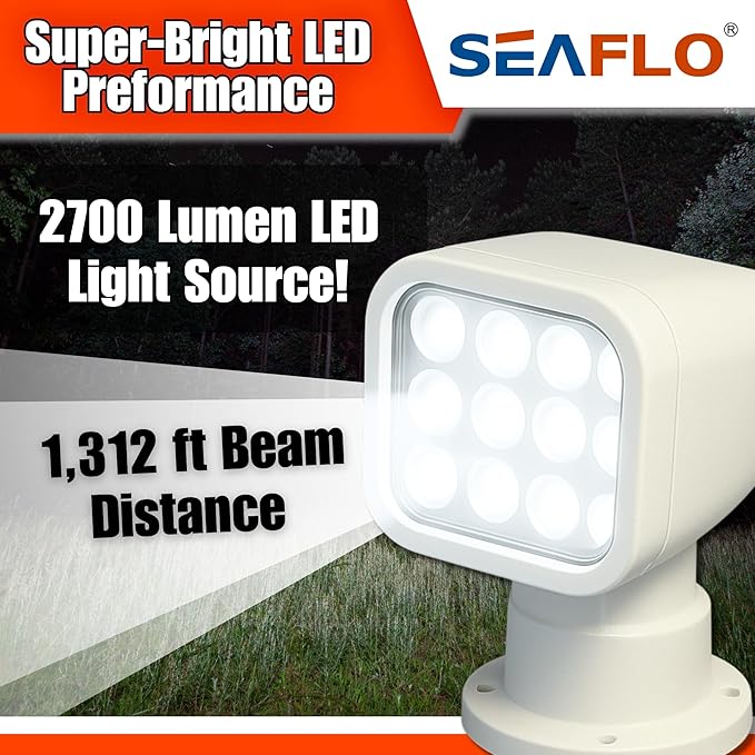 SEAFLO 360° Rotating Remote Control LED Searchlight, 10-30V, Auto-Reset, IP66 Waterproof, Marine Spotlight for Boats, Truck, Vehicles, CE & Rohs Certified (Wireless Remote/White/White Light 5500K)