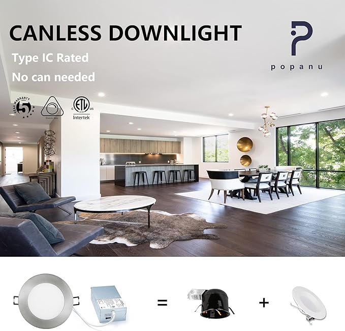 Premium LED-Canless Downlight Recessed Lighting 4-inch 5 CCT Adjustable Dimmable Recessed Lights Fixture with Junction Box, Ceilling Light 2700-5000K, 9W, Brushed Nickel, 6 Pack