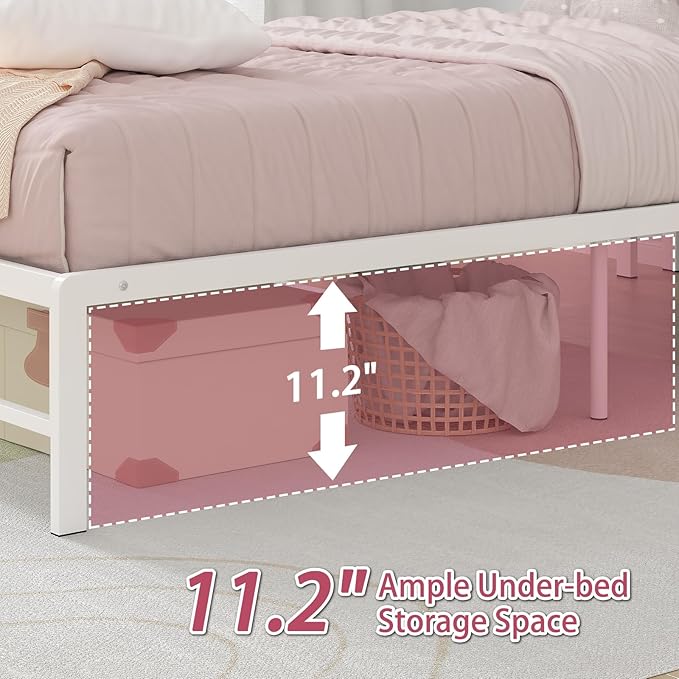 Weehom Twin Bed Frames with 2 Tiers Wood Storage Shelves Headboard, Twin Size Bed with Charger Stations and LED Light Under Bed Storage Space Platform Bed for Kids, Girls and Adults, White