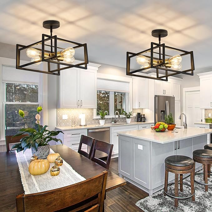 ZGLAOJT 4-Lights Close to Ceiling Light Black and Gold Light Fixture Industrial Flush Mount Ceiling Light Farmhouse Chandelier Lighting for Kitchen Island Dining Room Bedroom Foyer Hallway.