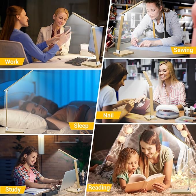 LED Desk Lamp for Home Office, 3 Levels Dimmable Reading Desk Light with USB Charging Port, Desk Accessories Touch Control Table Lamp, Eye-Caring Small Study Lamp for College Dorm Room, Gold, 5000K