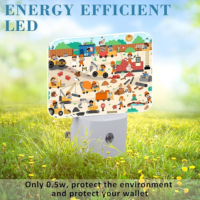 Cartoon Construction Site Scene Night Light for Kids Girls Boys, Funny Kid Builders LED Night Light Plug into Wall with Dusk to Dawn Sensor for Bedroom,Hallway,Kitchen,Bathroom,Stairs Decor