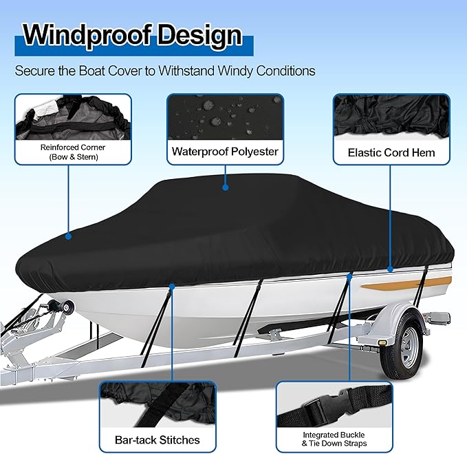 iCOVER Trailerable Boat Cover- 14'-16' Heavy Duty Waterproof Tarp Covers, Fits V-Hull, Fish&Ski, Pro-Style, Fishing, Runabout, Bass Boats, up to 14ft-16ft Long X 90" Wide