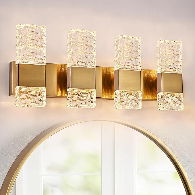 VINLUZ 4 Light LED Bathroom Light Fixtures in Brushed Brass Finish, 32W Metal Base Wall Mount Lighting with Crystal Lampshade Bath Wall Sconces for Mirror, Kitchen,Hallway