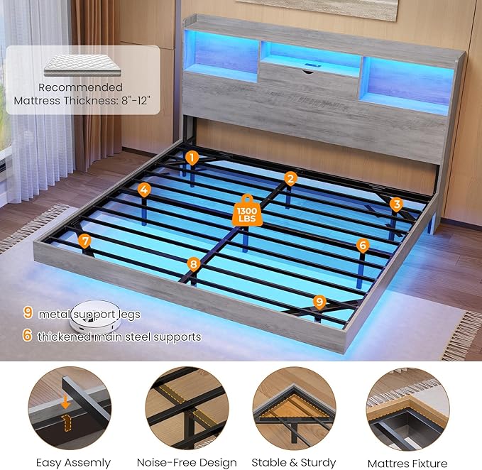 DICTAC California King Floating Bed Frame with LED Lights and Headboard Storage, Visual Floating Bed with Charing Station, Metal Platform Bed Cal King Size with Stable Structure, No Box Spring Need
