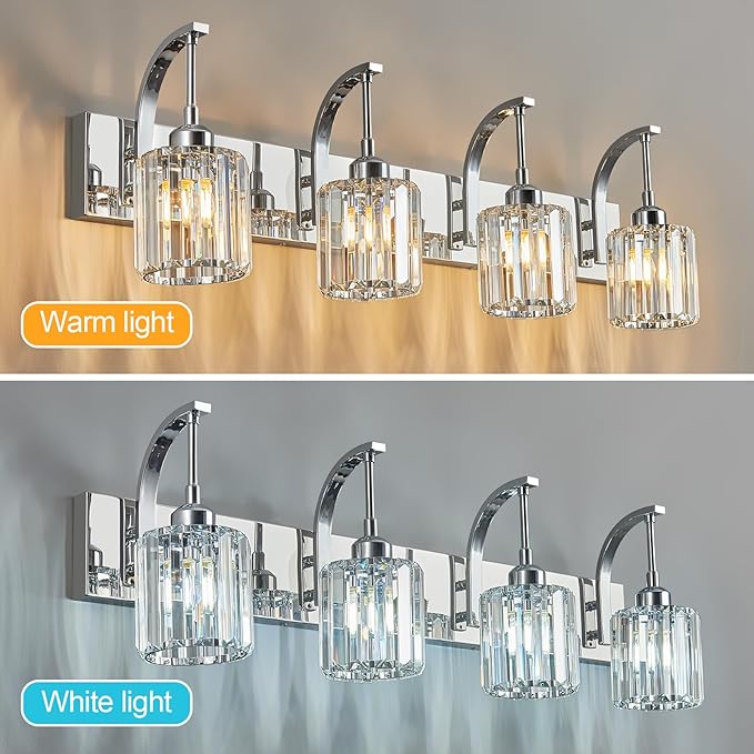 4-Light Crystal Vanity Light, Modern Chrome Bathroom Wall Sconce with K9 Crystal Shades, 32.67" Long Over Mirror Lighting for Vanity, Makeup, Hallway, Elegant & Easy Install