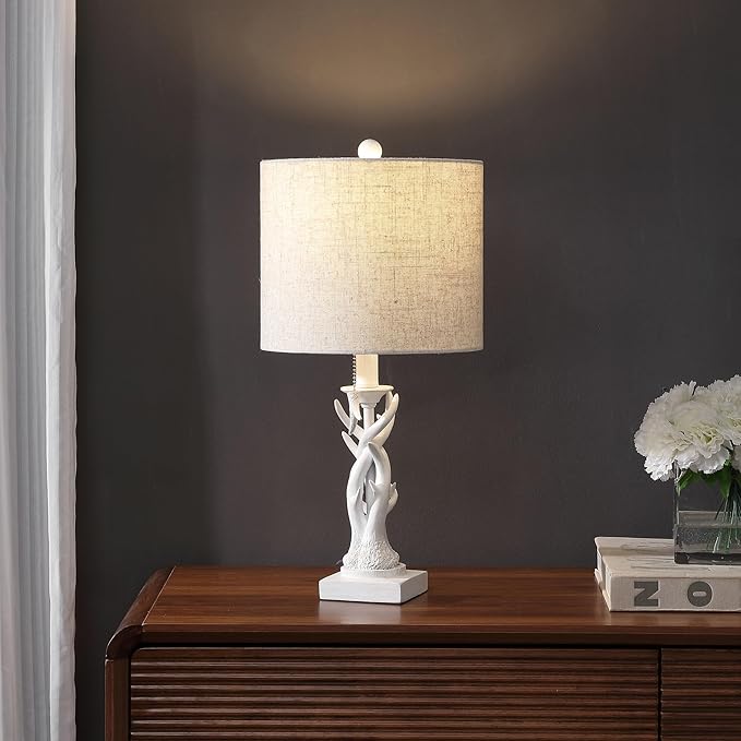 JONATHAN Y JYL1031C 20.5" Rustic Faux Antler Table Lamp for Living Room Bedroom, Farmhouse Lodge Cabin Style Bedside Nightstand Lamp with Grey Linen Drum Shade and Pull Chain, Antique White