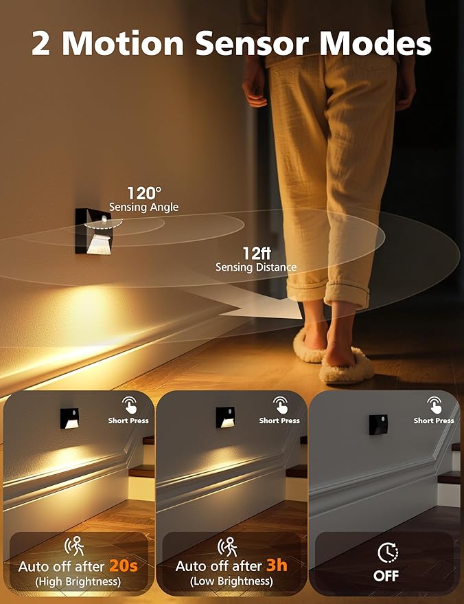 NIORSUN Motion Sensor Night Light, Rechargeable Stair Lights Indoor, 3 Colors and Motion Modes Battery Night Light with Light Sensor for Stairway, Hallway, Bathroom, Kitchen, Bedroom Black 8 Pack