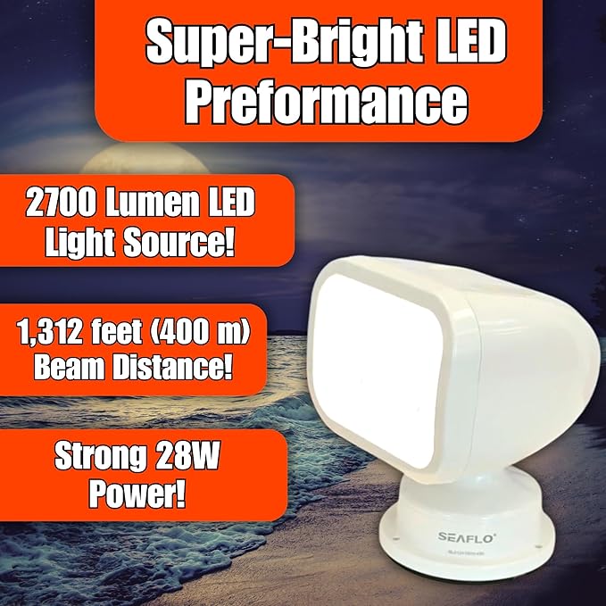 SEAFLO 360° Rotating Remote Control LED Searchlight, 10-30V, Auto-Reset, IP66 Waterproof, Marine Spotlight for Boats, Truck, Vehicles, CE & Rohs Certified (Wired Remote/White//Warm Light 2700K)