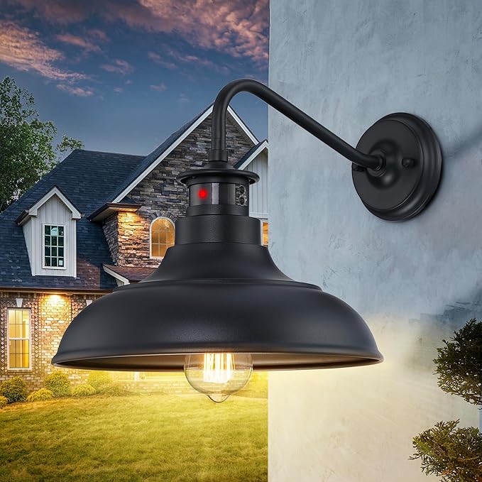Dusk to Dawn Motion Activated Sensor Gooseneck Outdoor Wall Light Fixture, Industrial Outdoor Barn Light Matte Black Exterior Wall Sconce for Garage Porch Front Door, 2 Pack(Bulbs Included)