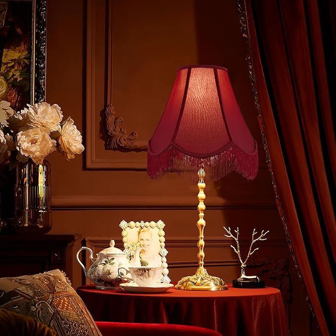 GO&SO Set of 2 Burgundy Silk Scalloped Lamp Shade, Petal Edge Braid with Burgundy Fringe Trim, 6"x13"x10.6"(Spider), Victorian Bell Lamp Shades, Replacement Shades for Table,Floor Lamps, Easy Assembly