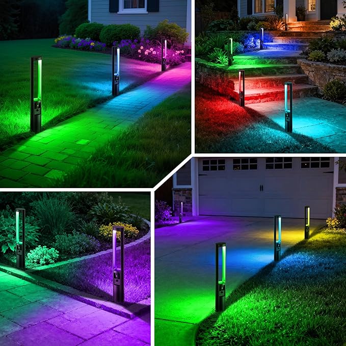 RGBW Low Voltage Landscape Lights, 5W Auto On/Off Sensor LED Color Changing Pathway Lights, Christmas Outdoor Driveway Garden Lighting with Connectors, Aluminum, 12-24V, IP66, 4 Pack