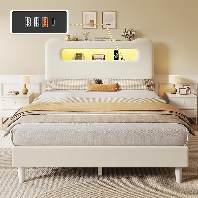 YITAHOME Full Size Bed Frame, LED Bed Frame with Storage Headboard, Boucle Upholstered Bed with Outlet & USB Ports, No Box Spring Needed, Easy Assembly, Cream