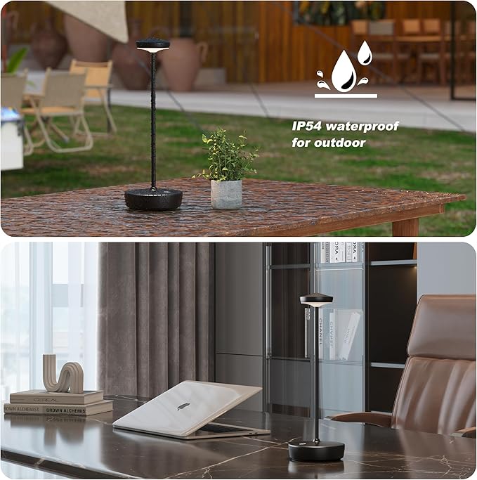 1 Pack Cordless Table Lamp Rechargeable - LED Battery Table Light with 3 Color Temperatures, Stepless Dimming, Waterproof Aluminum for Indoor Outdoor, Patio, Restaurant, Dinner (Black)