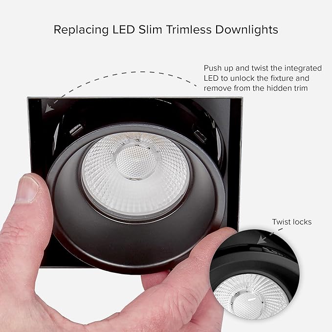 Maxxima 2” Trimless Ultra-Thin Recessed Anti-Glare LED Downlight Canless IC Rated 600 Lumens 5 Color Temperature Selectable 2700K/3000K/3500K/4000K/5000K Dimmable 5 CCT Black Square Slim J-Box Incl