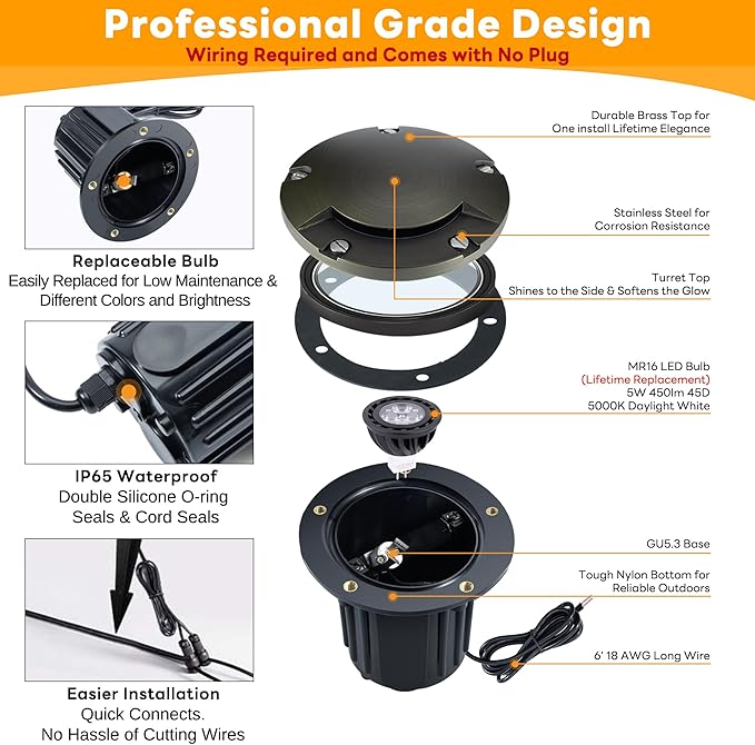 Gardenreet LED Well Lights Low Voltage - Brass In-Ground Ip65 Weatherproof 12V Lighting, Electric Light, Antique Bronze for Yard Garden Walkway with 5000K Daylight White MR16 Bulb