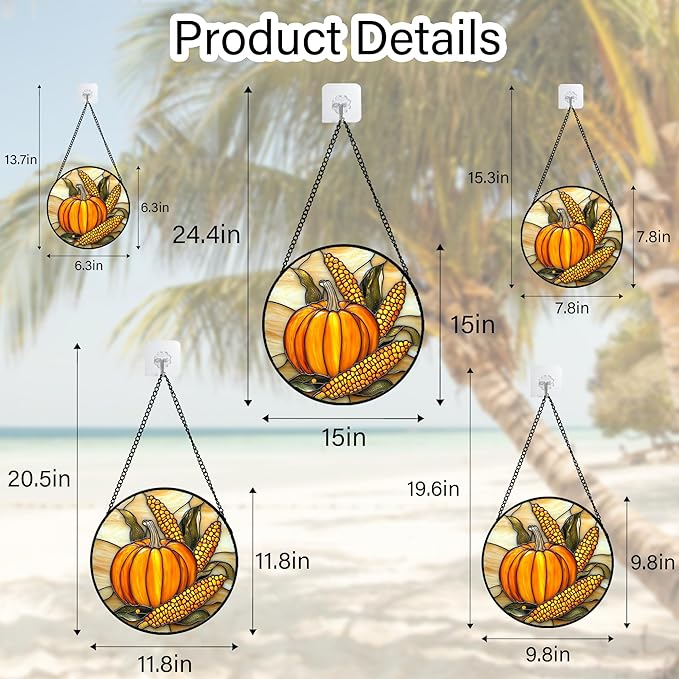 Stained Glass Window Hanging Autumn Harvest Pumpkin Corn 7.8" - Suncatcher Door Garden Kitchen Sunroom Sun Catcher Fall Home Decor Birthday for Mom Grandma Men Woman