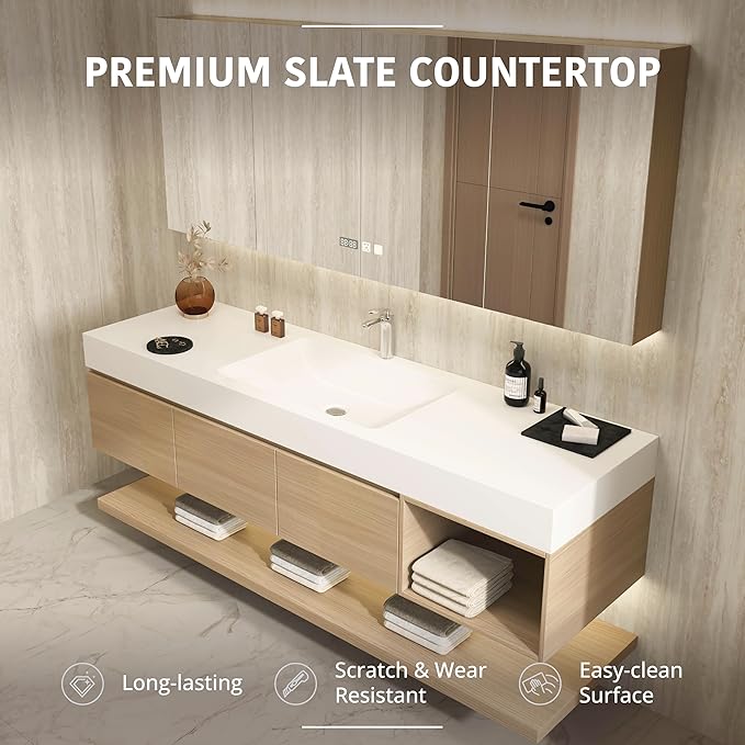 72" Modern Floating Bathroom Vanity Set with Sink, LED Smart Mirror Cabinet, 3 Soft-Close Drawers and Open Storage Shelves, Light Oak