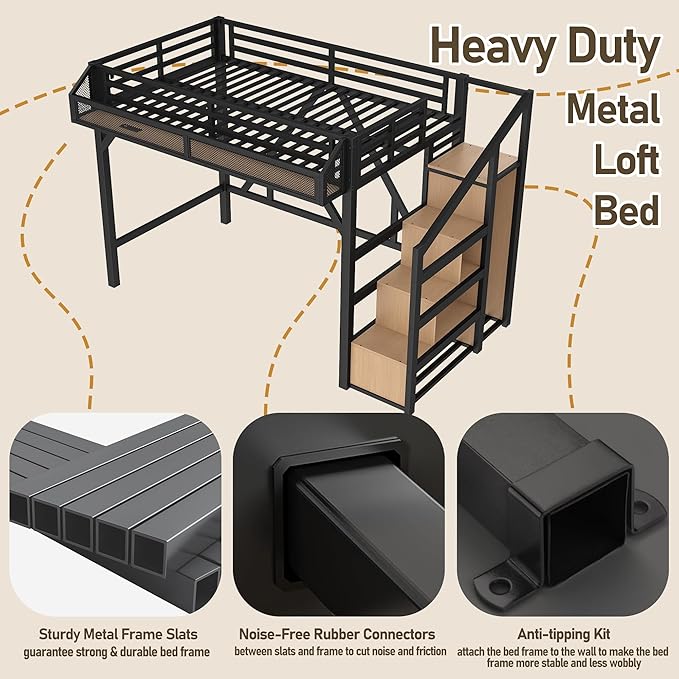 Bellemave Twin XL Loft Bed Frame with Storage Stairs, Beside Shelf & Wardrobe, Metal Loft Bed Twin XL with USB Ports & LED Light, Large Under-Bed Space Loft Beds for Adults, Teens, Kids, Black Natural