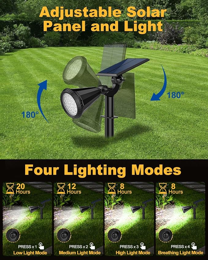 Solar Spot Lights Outdoor, 4 Pack Outdoor Solar Lights for Yard, IP65 Waterproof Solar Spotlights with 4 Modes, 2-in-1 Auto On/Off Solar Landscape Lights for Flood, Wall, Pathway (Cool White)