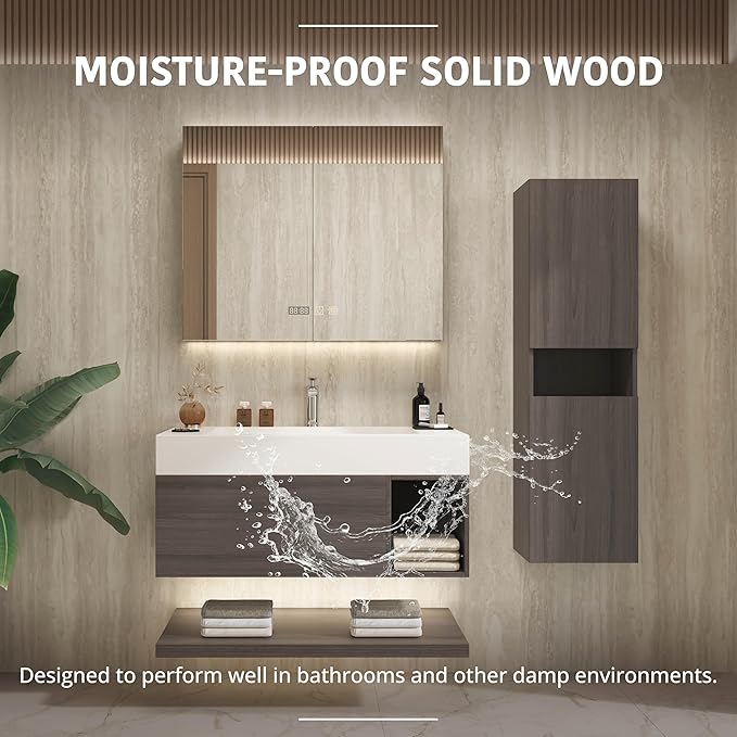 24" Modern Floating Bathroom Vanity Set with Sink, Side Cabinet, LED Smart Mirror Cabinet, Soft-Close Drawer & Open Storage Shelves, Grey Oak