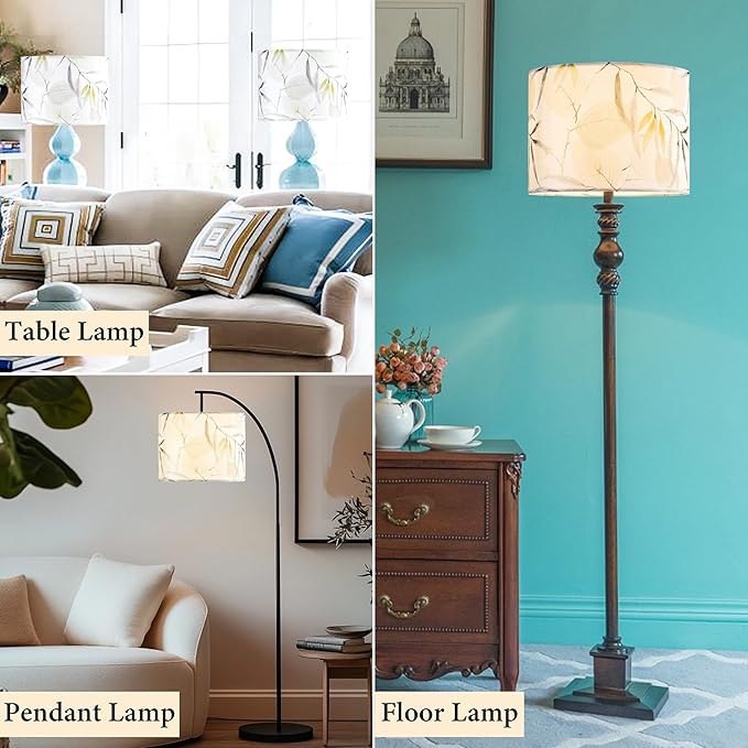 GO&SO 1 Pack Leaf Pattern Design Large Drum Lamp Shade Printed,1.65"Spider E27 Base,16" x16" x12",DIY Assembly with 3 Adapter(E14/E26/10mm),Ideal for Floor/Table Lamps/Pendant Lighting Replacement
