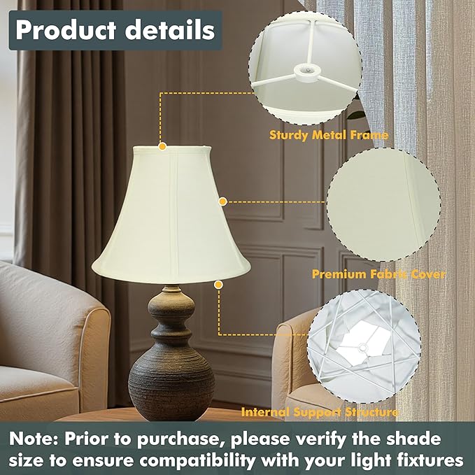 Cream Bell Lamp Shades Set of 2, 6.7" x 13" x 10.6" Fabric Replacement Lampshades for Table & Floor Lamps, Spider Fitter Lamp Shades for Home Decorative Lighting for Living Room, Bedroom, Study Room