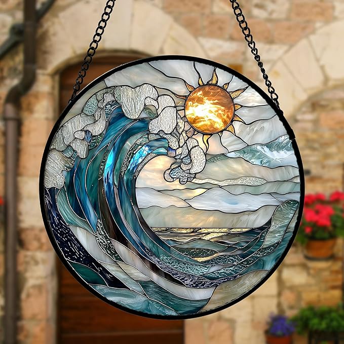 Stained Glass Window Hanging, Blue and White Waves Suncatcher Diamond Glass Panel Landscape Sun Catchers Decor for Birthday for Women, Men, Wife, Aunt, and Mom 9.8 in