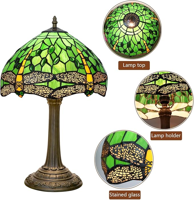 Tiffany Lamp - Green Dragonfly Stained Glass Table Lamp 12x12x18 Inches - Green Dragonfly Style Desk Reading Light - Bedroom & Living Room Decor
