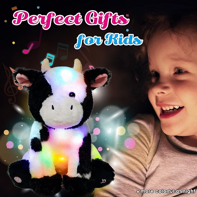 Cuteoy Light-up Singing Plush Cow LED Musical Stuffed Animal Adjustable Volume Lullaby Plushies Birthday Christmas Toy Gifts for Kids Toddler Girls, 13"