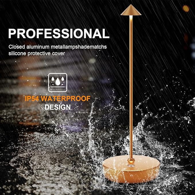 2Pack Rechargeable Cordless Table Lamp, Portable Powered LED Battery 6000mAh Metal USB Desk Lamp, 3 Levels Brightness Light for Restaurants Outdoor (2pack Gold)