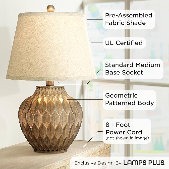 360 Lighting Buckhead Modern Accent Table Lamp 22" High Warm Bronze Brown Sculptural Geometric Textured Urn Tapered Fabric Drum Shade Bedroom Living Room House Home Bedside Nightstand Office