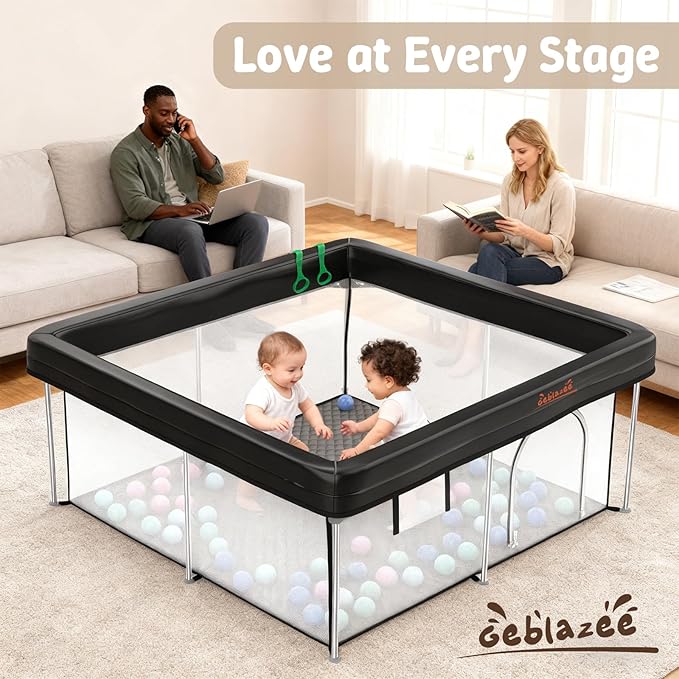 Foldable Baby Playpen 50x50 Inch, Portable Play Yard for Babies & Toddlers, Safety Fence Play Area with Mat, Balls, Pull Rings & Carry Bag, Indoor Outdoor Baby Activity Center, Black