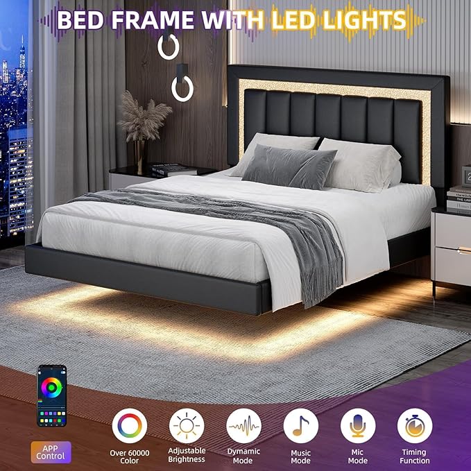 HOMBCK Floating Bed Frame Full with Smart LED Lights, Faux Leather Upholstered Bed Frame Full with Diamond Headboard, No Box Spring Needed, Noise Free, Easy Assembly, Black