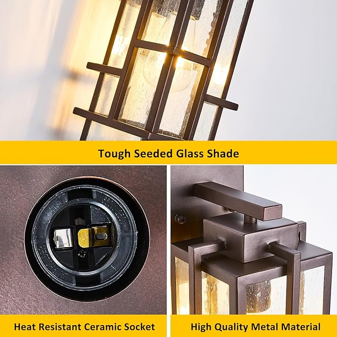 Outdoor Wall Light Fixture with Seeded Tempered Glass, Large Waterproof Outside Wall Coach Lantern with E26 Sockets, Brown Porch Sconces Lamp for House, Patio, Garage