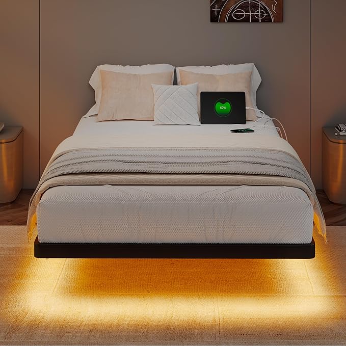 Twin Size Floating Bed Frame with LED Lights, Metal Platform Bed with Power Outlet, Heavy Duty Steel Slats Support, Noise Free, No Box Spring Needed, Easy Assembly