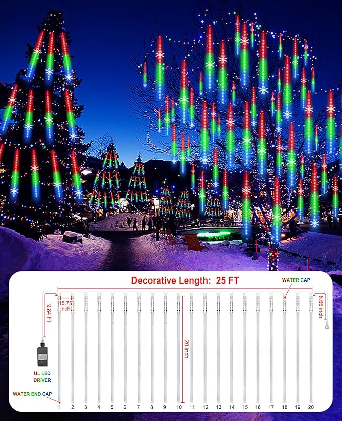 Meteor Shower Lights UL Certified 1080 LEDs 20 Tubes Falling Rain Drop Christmas Icicle Cascading Lights for Xmas Tree Halloween Decorations Wedding Party Holiday Garden Decor, Multicolor