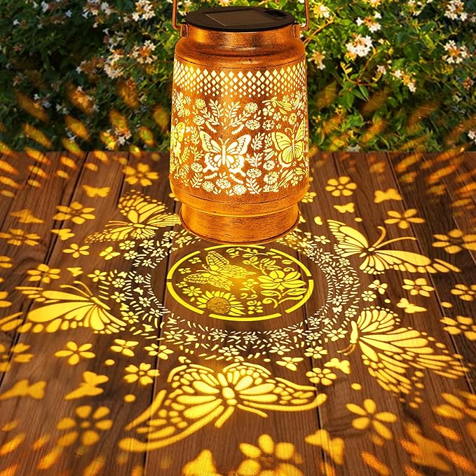 Solar Lanterns Outdoor Butterfly Garden Decor, Christmas Gifts for Women Mom Grandma, Waterproof Metal Hanging Solar Lights LED Decoration with Shepherd Hook Outside for Yard Patio Lawn Porch