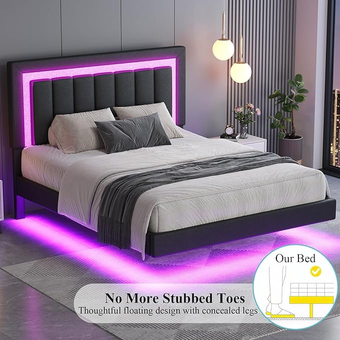 HOMBCK Floating Bed Frame Twin with Smart LED Lights, Faux Leather Upholstered Platform Bed with Diamond Headboard, No Box Spring Needed, Noise Free, Easy Assembly, Black