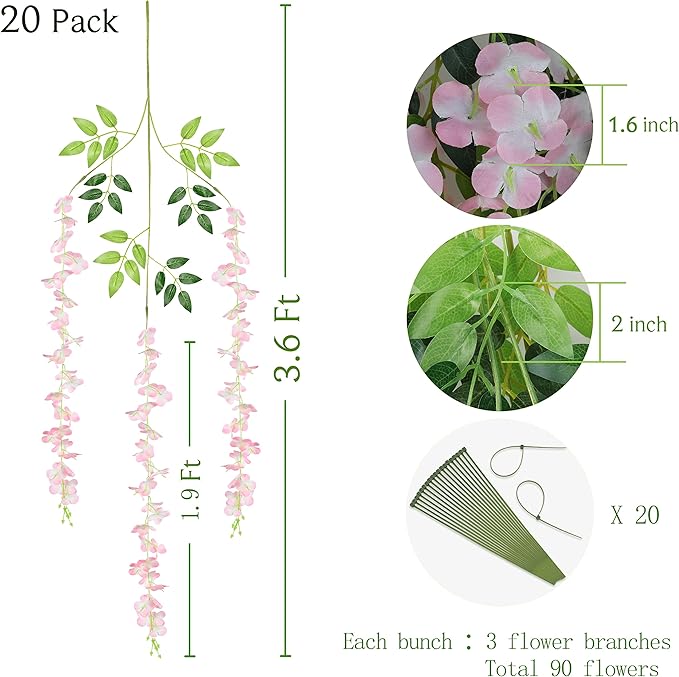 BLEUM CADE 20Pcs Pink Fake Wisteria Hanging Flowers, 3.6Ft/Pcs Artificial Wisteria Garland, Hanging Flowers for Wedding Party Home Backdrop Wall Decoration