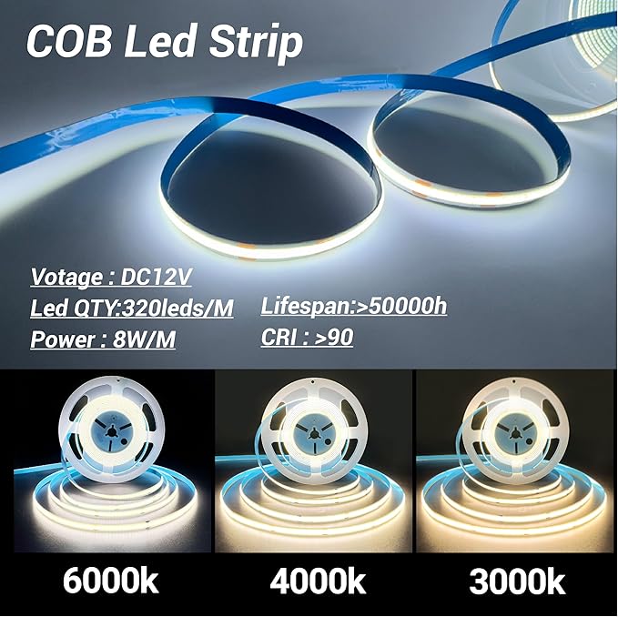 HAMRVL Shelf Lights, 16.4ft 12V COB LED Strip Light with Dimmer and Transformer, Dimmable LED Strip Lights for Bookcase, Cuttable 4000K Natural White Tape Lights for Kitchen Cabinet, Counter Shelf