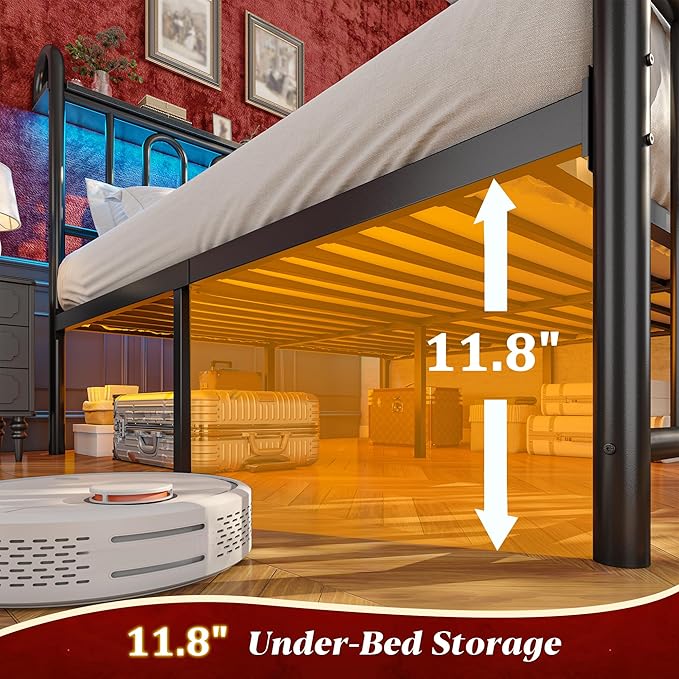 King Size Bed Frame Metal Platform Bed Frame/Victorian Headboard/LED Light/Sturdy Mattress Foundation with Under Bed Storage/No Box Spring Needed/Noise-Free/Easy Assembly, Black