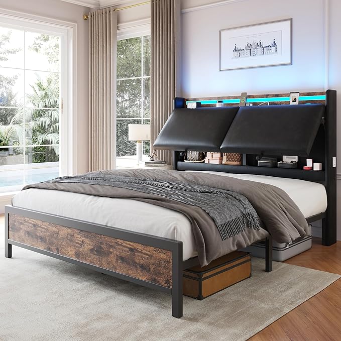 Queen Size Bed Frame with Adjustable Backrest Hidden Storage Headboard, PU Leather Upholstered Queen Bed Frame with Charging Station and LED Lights, Heavy Duty, No Box Spring Needed, Black&Brown