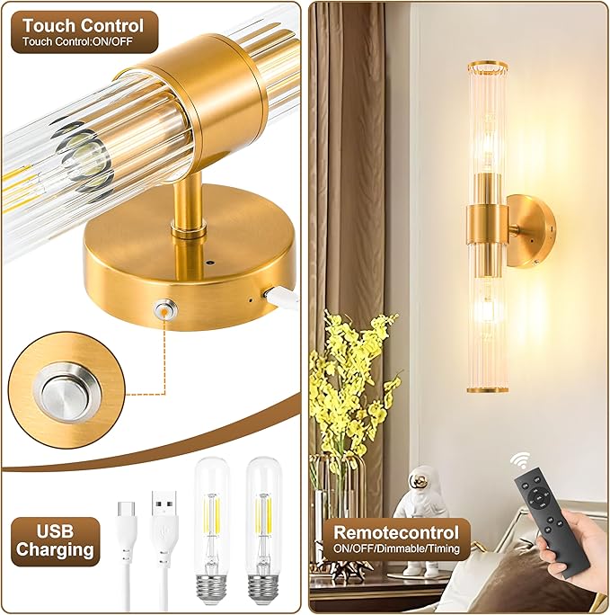 Gold Battery Operated Wall Sconces Set of Two, Rechargeable Wall Sconce with Dimmable Remote Control, 20 Inch Wireless Sconce Wall Light for Bedroom, Living Room (Bulbs Included)
